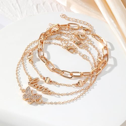 Image of Fesciory 14K Gold Plated Ankle Bracelets Sets For Women, Adjustable Layered Infinite Anklet, Summer Beach Butterfly Star Foot Chain Jewelry Gifts