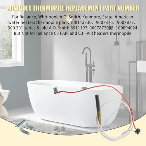 Aillsa Upgrade Thermopile for Water Heater Replacement Parts Minivolt Thermopile Kit for Whirlpool Reliance Kenmore & A.O.Smith Water Heater Parts for 100112330 Water Heater Pilot Assembly