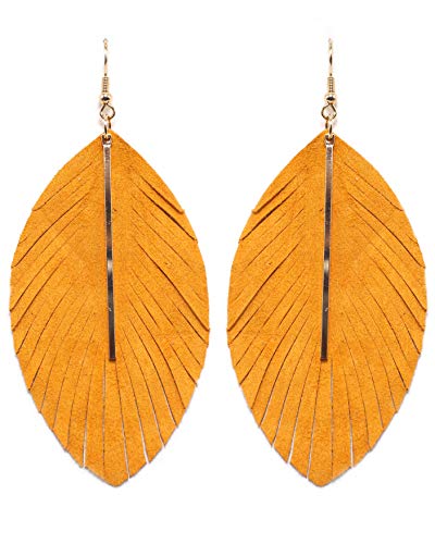 Miracle Collection Lightweight Genuine Soft Leather Fringe Leaf with Simple Drop Metal Bar Dangle Earring for Women and Girls (MUSTARD)