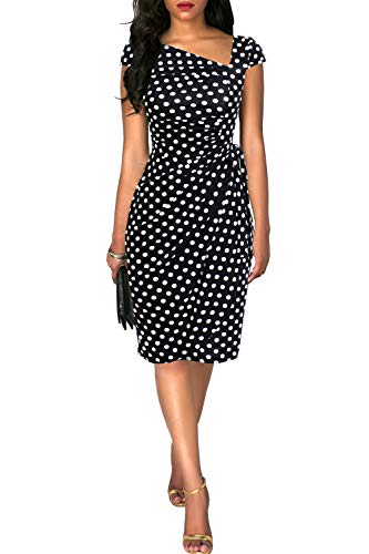 Image of Women's Vintage Cap Sleeves Asymmetrical Neckline Sheath Bodycon Casual Work Cocktail Party Pencil Faux Wrap Dresses