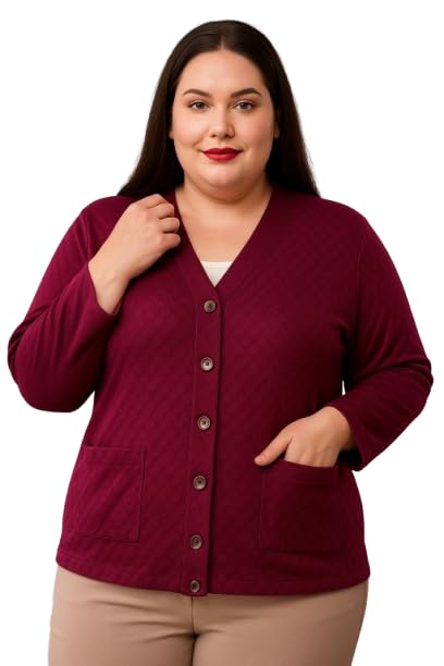 Image of Women's Woollen V-Neck Plus Size Winter Cardigan Sweater with Front Pockets