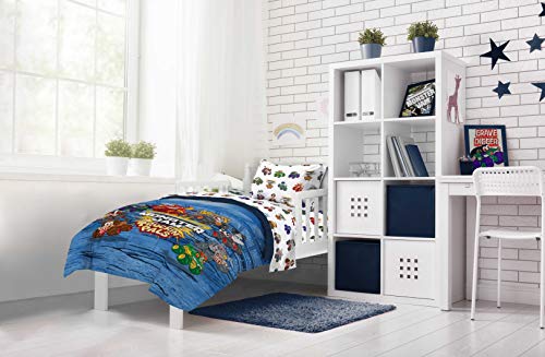 Image of Monster Jam Toddler Size Comforter Set 4 Piece Kids Bedding for Boys, Blue | Truckin Pals, Comforter Sheets Pillowcase, Official Product, Soft Microfiber, Machine Washable, Easy Care, Boys Gift
