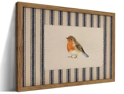 Image of Framed Robin Bird Wall Art, Striped Nature Watercolor Canvas Print, Country Farmhouse Wall Decor, Vintage Cottagecore Animal Picture Artwork for Living Room Bedroom Bathroom 8x10 inch