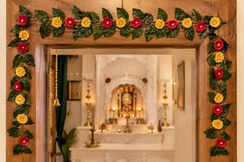 Image of Divyakosh Mango Leaf Vine /Creeper witl Camellia Flowers for Door Entrance Toran /Garland, 80 Inch Artificial Flower Thoran /Bandarwal, Festive Pooja Hanging, Diwali Ganpati Navratri Home Decor