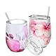 THILY Vakuumisolierter Weinkelch ohne Stiel 12 oz Edelstahl-Weinglas mit Deckel und Strohhalm, hält Kaffee oder Cocktails kalt oder heiß, 2er-Pack (Lotusblüte + Kirschblüten)