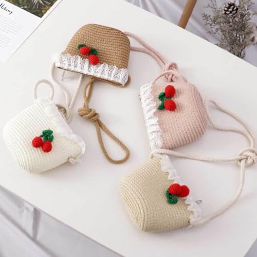 Princess Role Play Set Kids Straw Beach Hat Cross-Body Bag Summer Cosplay Costume for Girls Decorative Accessories Beige4