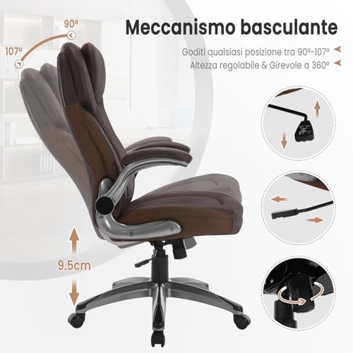Sedia Ergonomica da Ufficio con Supporto Lombare, Poltrona Ufficio con Funzione Basculante e Braccioli Regolabili, Altezza Regolabile, PU, Nero - Sedia gaming - Immagine 4