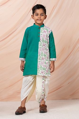 Image of Kids Ethnic Wear - Stylish Half Printed & Vibrant Color Pure Cotton Kurta with Elastic Waist Dhoti Set for Boys