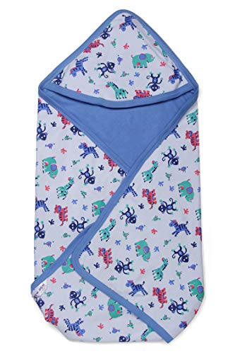 Image of pom-pom SWEET HEARTS Cotton Hooded Swaddle Wrapper for New Born Baby | Two Layer Wrapper /Blanket /Receiving Blanket | Soft, Lightweight and Travel Friendly | 0-9 Months, Blue (Animal Print)
