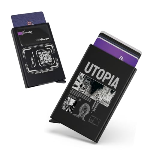 Image of Zip-Tap NFC Digital Contact Sharing Wallet Black Metal Laser Engraved Cyberpunk Design with Software RFID Blocking Aluminum Slim Front Pocket (Utopia)