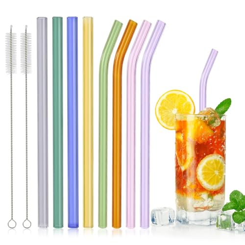 8 Piezas Traje de Pajitas de Cristal Reutilizables, 4 Piezas Curvadas + 4 Piezas Rectas Pajitas de Cristal, Pajitas de Vidrio Multicolor para Batidos, Jugos, Cócteles