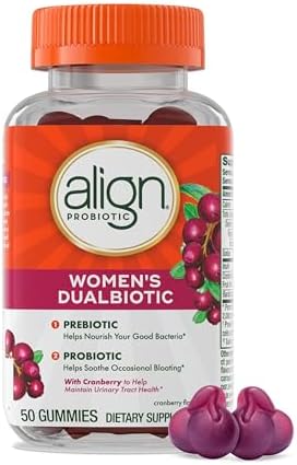 Align Probiotic, Women’s Dualbiotic, Womens Probiotic Gummies, Prebiotics and Probiotics for Women, with Cranberry for Urinary Tract Health*, Cranberry Flavor, 50 Gummies