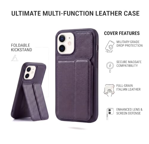 Image of amazon basics Luxury Vegan Leather Back Cover for iPhone 12 | Built-in Card Holder Slot | Integrated Mobile Stand | Slim Shockproof Protective Case with Stitched Finish - Purple