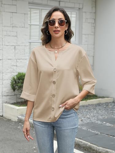Tunic Tops for Women Loose Fit Dressy Casual V Neck 3/4 Sleeve Button Down Lightweight Work Blouses Summer Shirts3