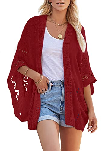 Image of Ermonn Crochet Cardigan Sweaters for Women Open Front Kimono Batwing Sleeve Plain Casual Lightweight Outerwear