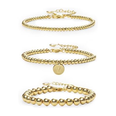 VEKAYA 3PCS Gold Bead Bracelets for Womens 14K Gold Plated Letter Friendship Charm Bead Ball Bracelets Set Initials for Women(Y) Cover