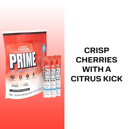 Image of PRIME HYDRATION+ Electrolyte Powder Sticks, Cherry Freeze, Sugar Free Hydration Drink Mix with Potassium, Magnesium & B Vitamins to Replenish Fluids, Caffeine Free, 16 Count