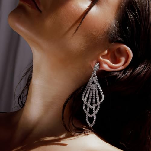 Silver Rhinestone Rectangle Dangle Earrings for Women Cubic Zirconia Crystal Dangle Earrings Long Chandelier Earrings Multi Layer Tassel Earrings Wedding Bridal Jewelry2
