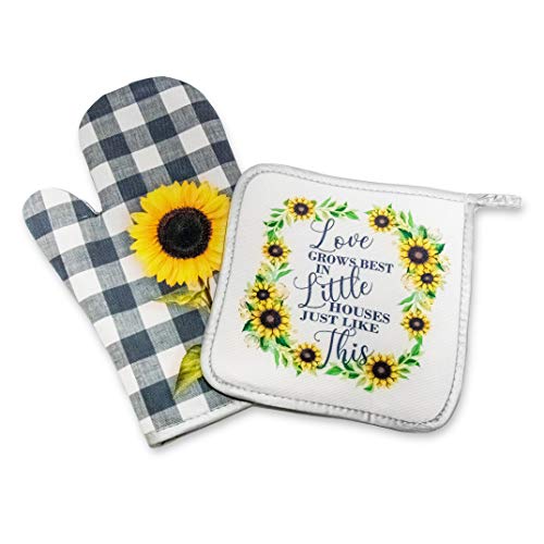 Product Image of the Decorative Kitchen Hot Plate Pot Holder Oven Mitt Set | Love Grows Best In Little Houses Just Like This Yellow Green Sunflower Buffalo Black Plaid Spring Summer Fall | White Home Decor Decorations