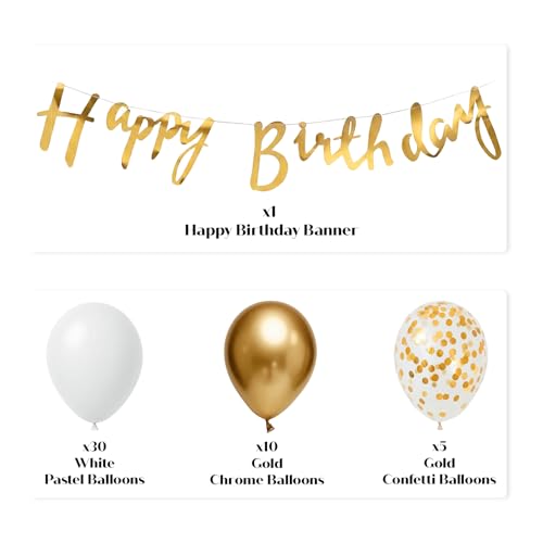 Image of Just Party Birthday Decoration Kit, Gold & White - Pack of 58 | Super Shinny Balloons for Birthday Decoration | Birthday Balloons for Kids & Adults | Happy Birthday Cursive Bunting | Confetti Balloons
