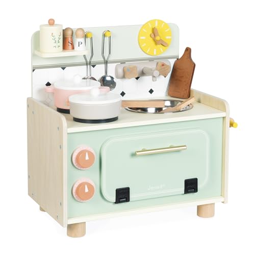 Janod - Children's Wooden Kitchenette - Small Children's Kitchen - Equipped with Oven, Sink and 10 Accessories Included - Rotating Sound Buttons - Imitation Toy and Awakening - from 2 Years Old