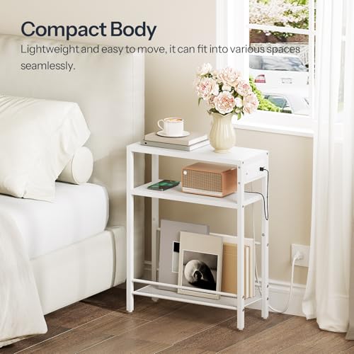 Image of HOOBRO Small Narrow Side Table with Charging Station, Skinny End Table for Small Spaces, Slim Nightstand with USB Ports Outlet, Sofa Beside Table with Storage Shelf, White WT102UBZ01