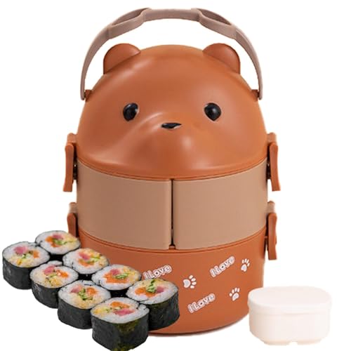 Contenedores De A Prueba De Fugas,Contenedor De Comida Caliente Para El Almuerzo,Caja de comida de doble capa a prueba de fugas con diseño de oso de anteojos | Contenedor de comida portátil de gran ca