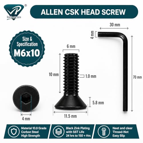 Image of By inchVP INDUSTRIES inch (Pcs-25) M6x10 mm CSK Allen Head Cap Screw Black Zinc Plated | Hex Socket Countersunk Head Bolt for Furniture, Woodworking & DIY Projects