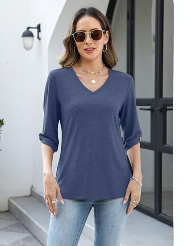Image of TICTICMIMI Womens Tops 3 /4 Length Sleeve V Neck Casual Trendy Button Tunic Tops Summer Basic T-Shirts Loose Fit Pullover