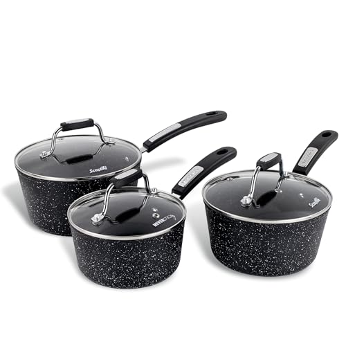 Scoville NEVERSTICK 3pcs Saucepan Set with Lids, Non Stick Saucepan Set, 16/18/20cm Saucepans, Suitable for All Hobs Including Induction, PFOA Free, Cool-Touch Handles, Aluminium, Black