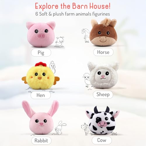 Image of Bonfino Premium Barn House Playset with Carry Handle for Kids, 7 Plush Animal Figurines, Educational Montessori Learning Toy for Toddlers, Soft Pretend Play Set, Birthday Gift for Boys & Girls