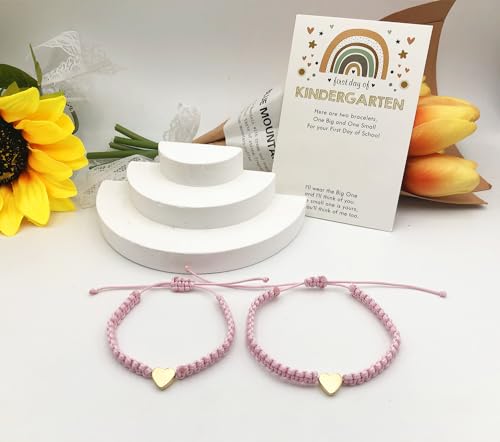 Image of First Day of School Bracelets Matching Heart Bracelets for Mom and Daughter Back to School Bracelets for 2 Braided Adjustable Charm Bracelets Jewellery Present