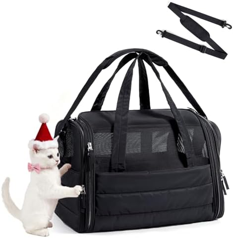 BAGSMART Cat Carrier: Soft-Sided Pet Carrier for Small Medium Cats Dogs Puppy Quilted Collapsible Puffy Travel Bag Up to 20 Lbs Black