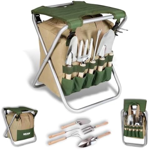 BIKAIN – Gardening Tools – Folding Stool + Bag + Tools – Gardening Kit – Storage Bag with Zipper – Includes 5 Tools with Wooden Handle BIKAIN – Gardening Tools – Folding Stool + Bag + Tools – Gardening Kit – Storage Bag with Zipper – Includes 5 Tools with Wooden Handle