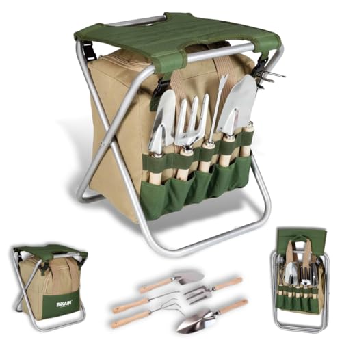 Bikain - Sgabello Pieghevole da Giardino - Set di Attrezzi - Borsa di Stoccaggio con Cerniera - Include 5 Attrezzi con Manico in Legno