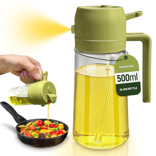 PORTENTUM Pulverizador aceite spray 2 en 1 aceitera spray pulverizador, Botella de vidrio de 500 ml / 17 oz para Freidora de Aire, Barbacoa (Verde)