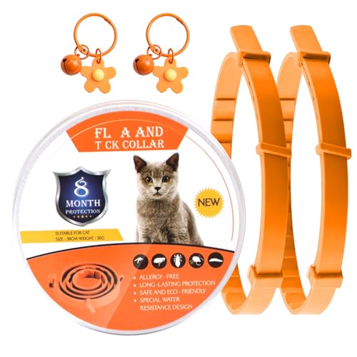 DOINEUFL 2 Pack Collar for Cats, Cat Collar to Prevent Infections, 15in Safe Waterproof Adjustable Cat Collars with Bell, Age over 7 Weeks, Contains Natural Essential Oils (Orange)