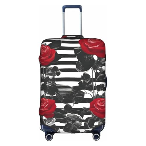 Black White Stripes Red Rose Flowers Tsa Approved Luggage Cover For 18-32 Inch Suitcases Scratch-Resistant Stretch Luggage Cover