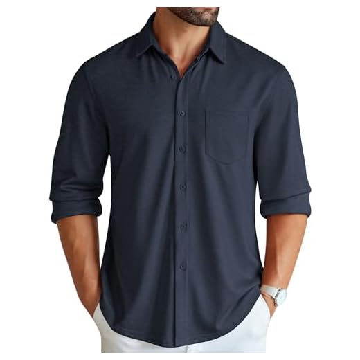 COOFANDY Men's Casual Shirts Long Sleeve Button Up Travel Office Slim Fit Shirts Dark Blue