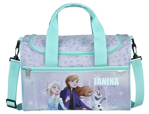 Petit sac de sport Disney La Reine des Neiges - Personnalisable avec nom - Sac de voyage pour enfant fille - 2 compartiments avec bandoulière, Turquoise...