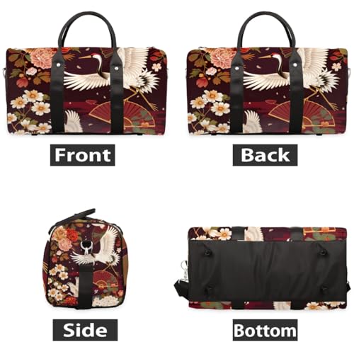 Travel Duffel Bag, Japan White Crane Floral Flower Sports Tote Gym Bag Foldable Western Aztec Weekender Bag Carry on Luggage Handle Bag Overnight Shoulder Bag for Women Men,A-0732