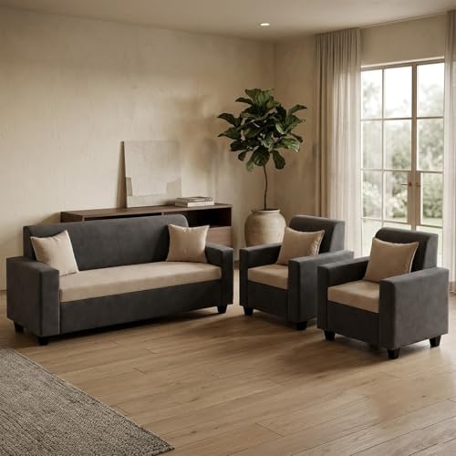 Image of FURNY QualityWood 3 Seater + 1 Seater + 1 Seater Fabric Sofa Set (Cream-Dark Grey) with Velvet Finish | Durable Comfort | Ideal for Living Room