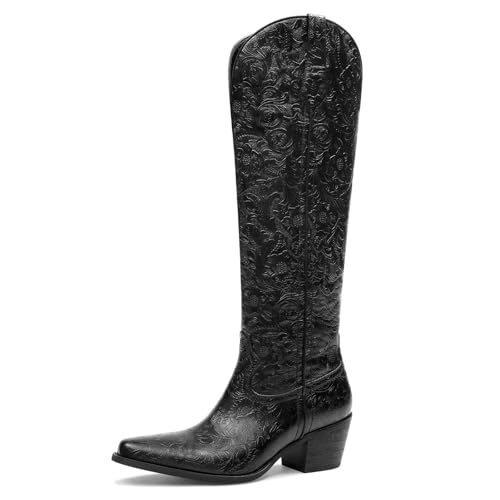 Womens Cowboy Boots Embossed Knee High Western Boots Pointed Toe Comfortable Chunky Heel Pull on Riding Cowgirl Boots
