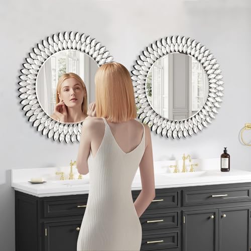 Image of 26 Inch Round Mirrors for Wall Decor, Luxury Diamond Entryway Mirrors for Wall, Silver Decorative Mirror for Living Room, Bedroom, Bathroom, Dining Room, Fireplace