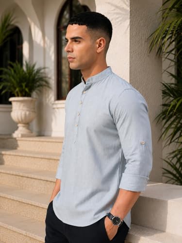 Image of Majestic Man Men's Pure Cotton Solid Mandarin Collar Slim Fit Roll-Up Sleeves Short Kurta Lightweight Summer Kurta for Daily & Occasion Use