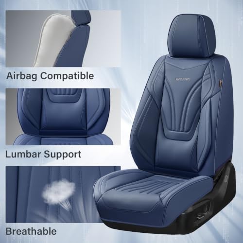 Image of Coverado Car Seat Covers Full Set, 5 Piece Car Seat Protector with Lumbar Support & Removable Headrest, Breathable Leather Front Rear Seat Cushion Universal Fit for Truck Automotive Blue