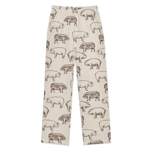 Pig Graphic Print Boys Long Pants Soft Trousers Elastic Waist Kids Lounge Bottoms with Pockets S-XL