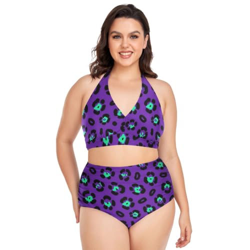 Bikini taille haute réglable violet imprimé guépard au maintien parfait et galbant
