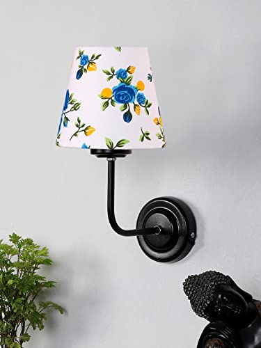 Image of Wall Sconce Wall Lamp (H-10 Inches, Blue Floral) for Living Room /Bedroom, Hall, Study, Kids Room, Home Office, Balcony Decor | Black Metal Finish, Modern Indoor Wall Night Ambient Lighting