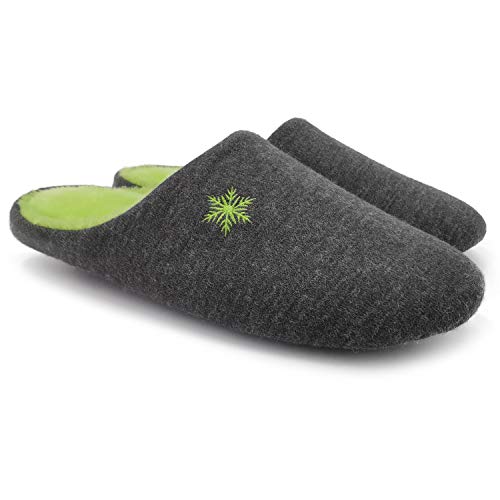 ofoot Women indoor Slippers Woolen Knit Upper with Snowflake Embroidery,Warm Cozy Fleece Lining Non Slip Sole House Shoes (Dark Grey+Green, US 10-11)